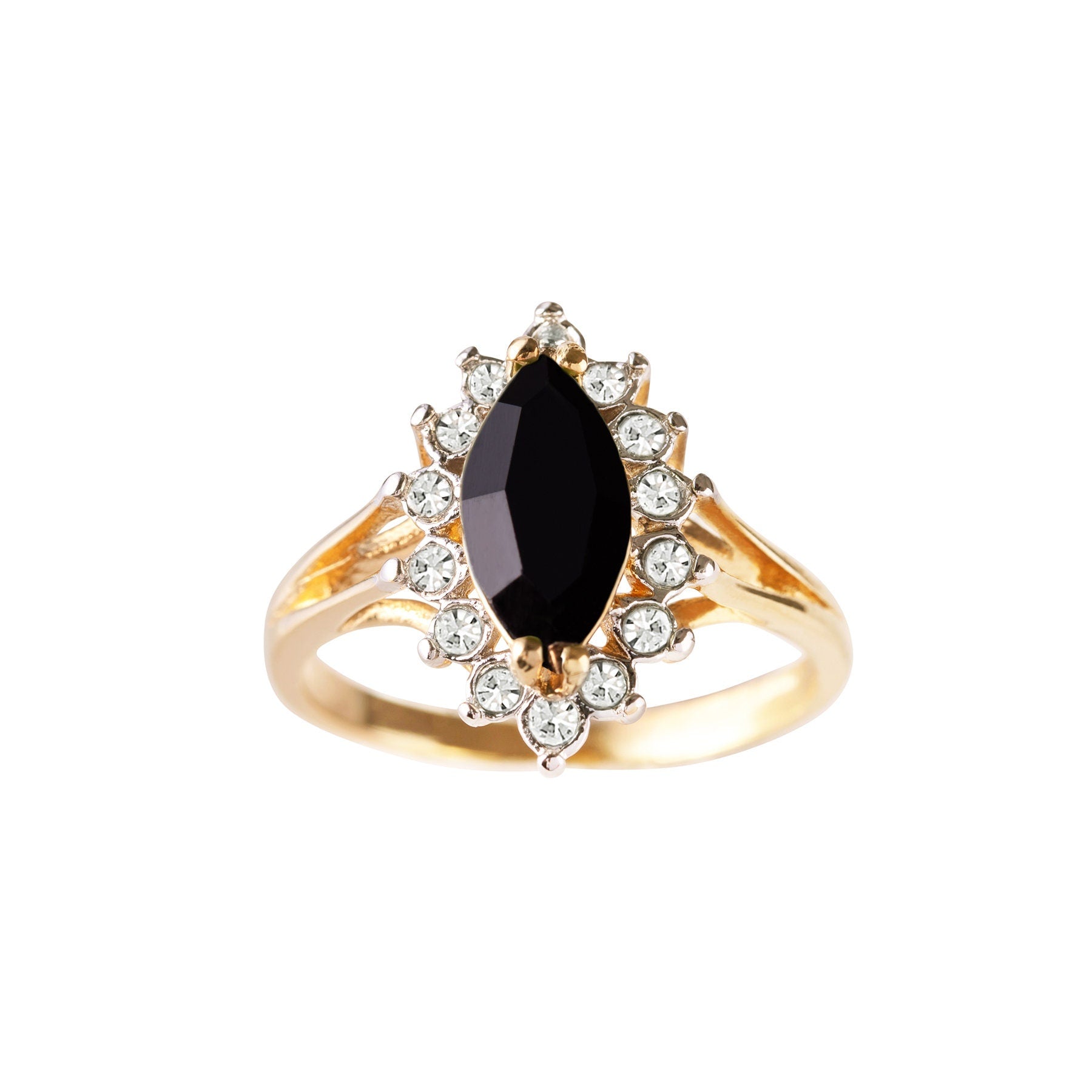 Vintage Black and Clear Austrian Crystals 18k Yellow Gold Plated Ring  R1891