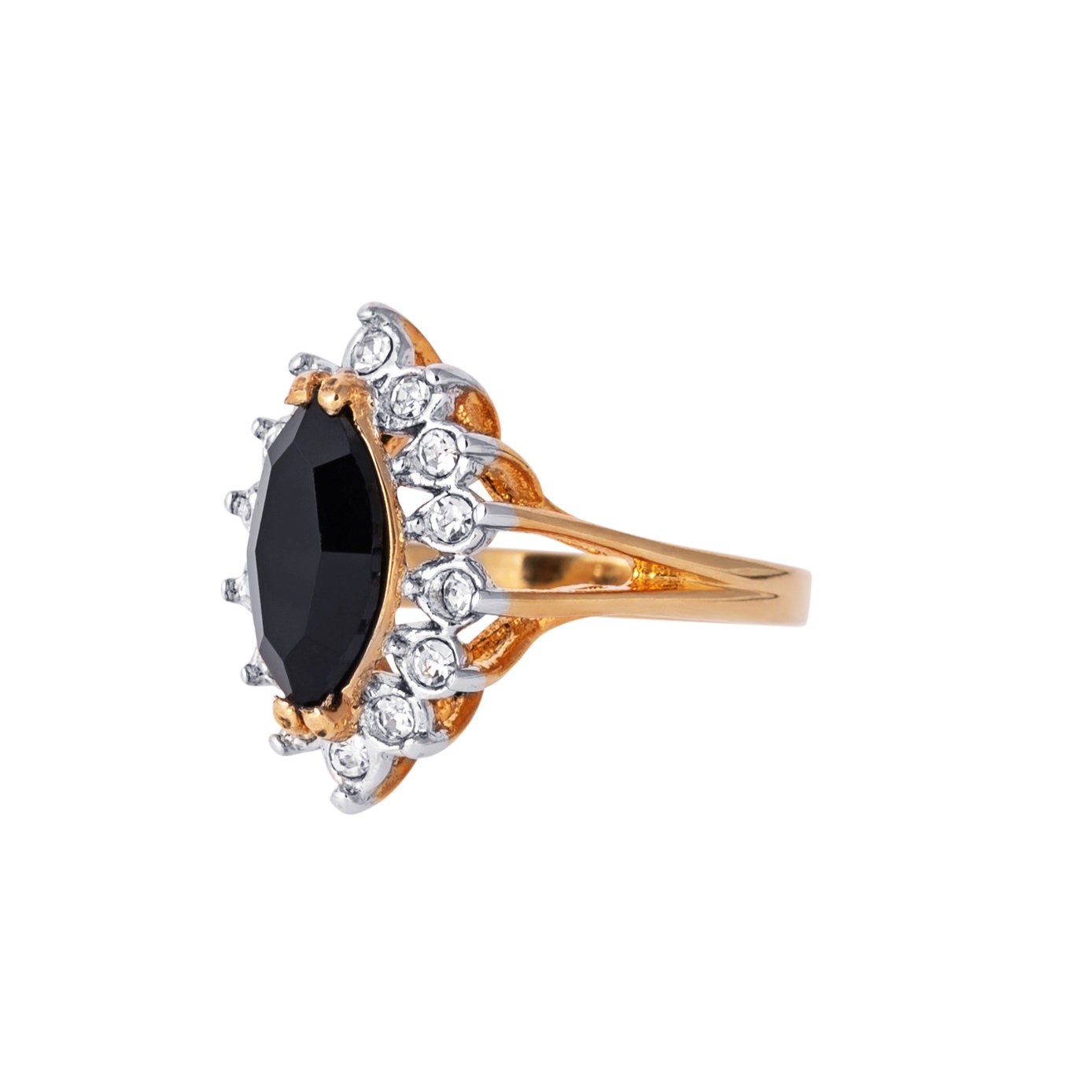 Vintage Black and Clear Austrian Crystals 18k Yellow Gold Plated Ring  R1891