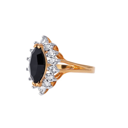 Vintage Black and Clear Austrian Crystals 18k Yellow Gold Plated Ring  R1891