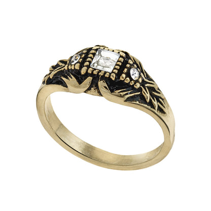 Vintage Ring set with Clear Austrian Crystals Antiqued 18k Yellow Gold Electroplated