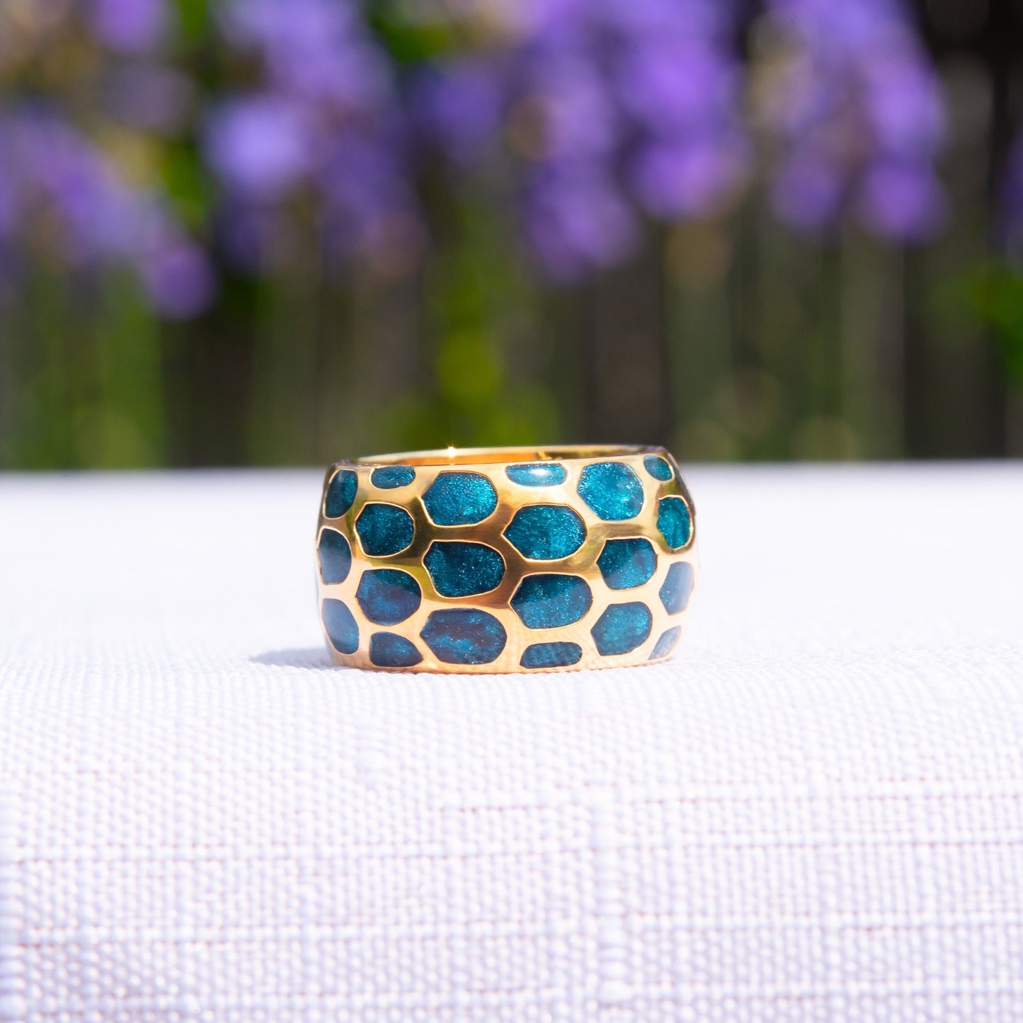 Vintage Ring 1970s Blue Turquoise Enamel 18k Gold Electroplated Ring Mid Century Design Band Ring