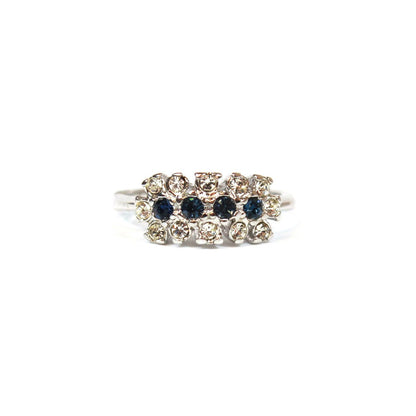 Vintage Ring Sapphire and Clear Austrian Crystals Cluster 18k White Gold Plated Made in USA