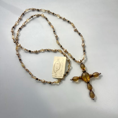 Vintage Oscar de la Renta Amber Bead Cross and Freshwater Pearl Cross Necklace