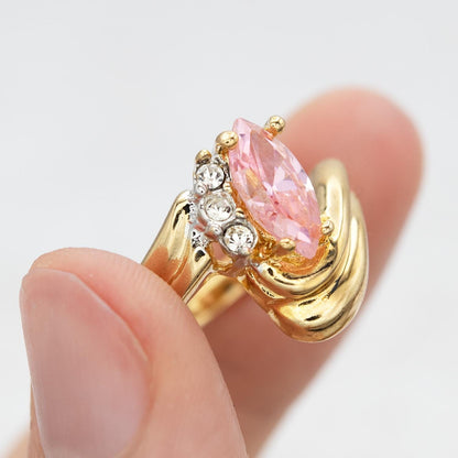 Womens Vintage 18k Gold Electroplated Ring Marquise Pink Tourmaline Cubic Zirconia and Crystal October Birthstone Ring