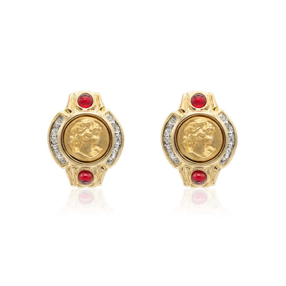 Anastasia Vintage Antique Gold Earrings Coin with Ruby and Clear Crystals E4089-CY