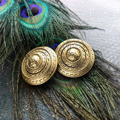 Vintage Oscar de la Renta Clip Earrings Antique Gold Tone Button Design OSE-633-CY