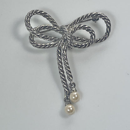 Oscar de la Renta Vintage Brooch Pin Twisted Rope Bow Antiqued White Gold Plated Women's Designer Lapel Pin Collectors of Oscar Signed