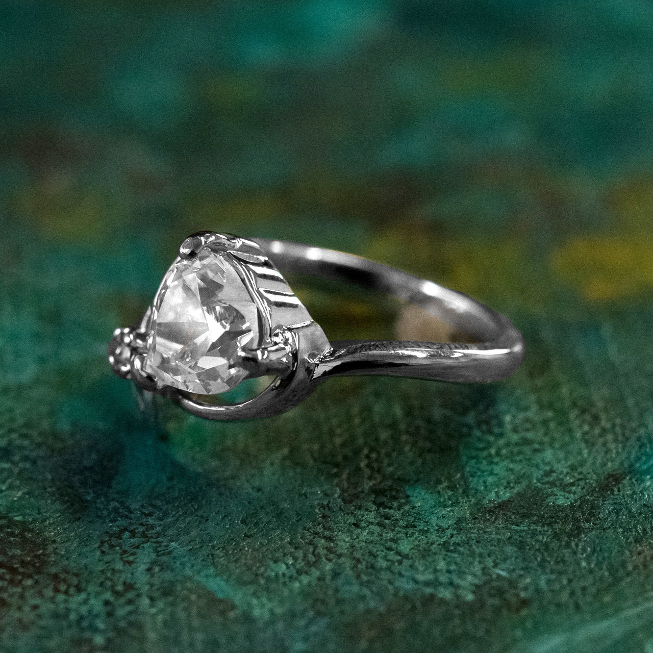Vintage Cubic Zirconia Heart Ring 18k White Gold Electroplated Made in USA
