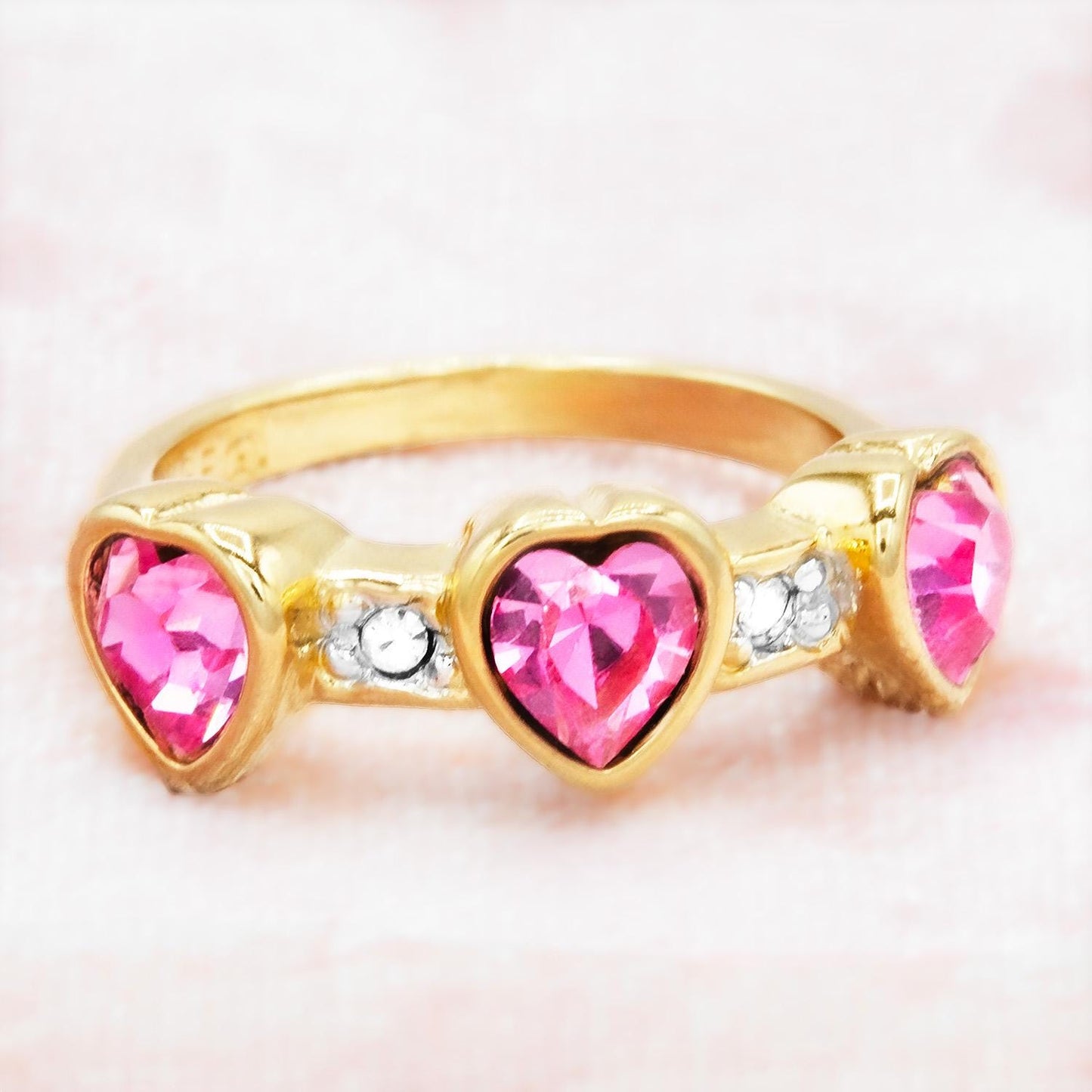 Vintage Ring Pink Crystal Triple Heart Womens Ring 18k Gold Electroplated Stacking Valentine's Day Womans Gifts Antique Jewelry