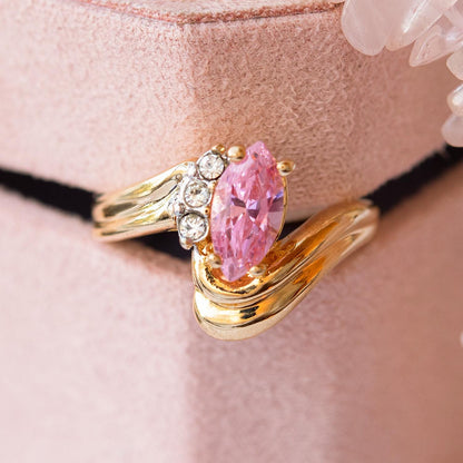 Womens Vintage 18k Gold Electroplated Ring Marquise Pink Tourmaline Cubic Zirconia and Crystal October Birthstone Ring