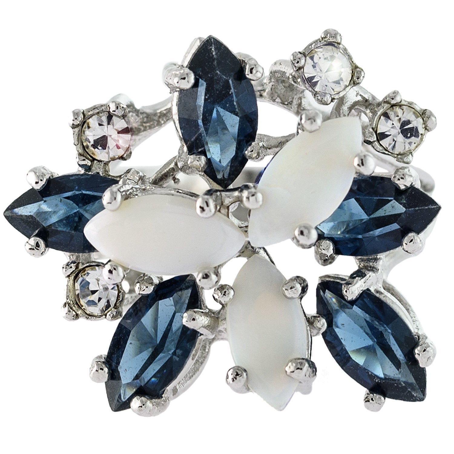 Vintage Genuine Opals Cluster with Sapphire and Clear Austrian Crystals Ring 18k White Gold Electroplated Made in USA