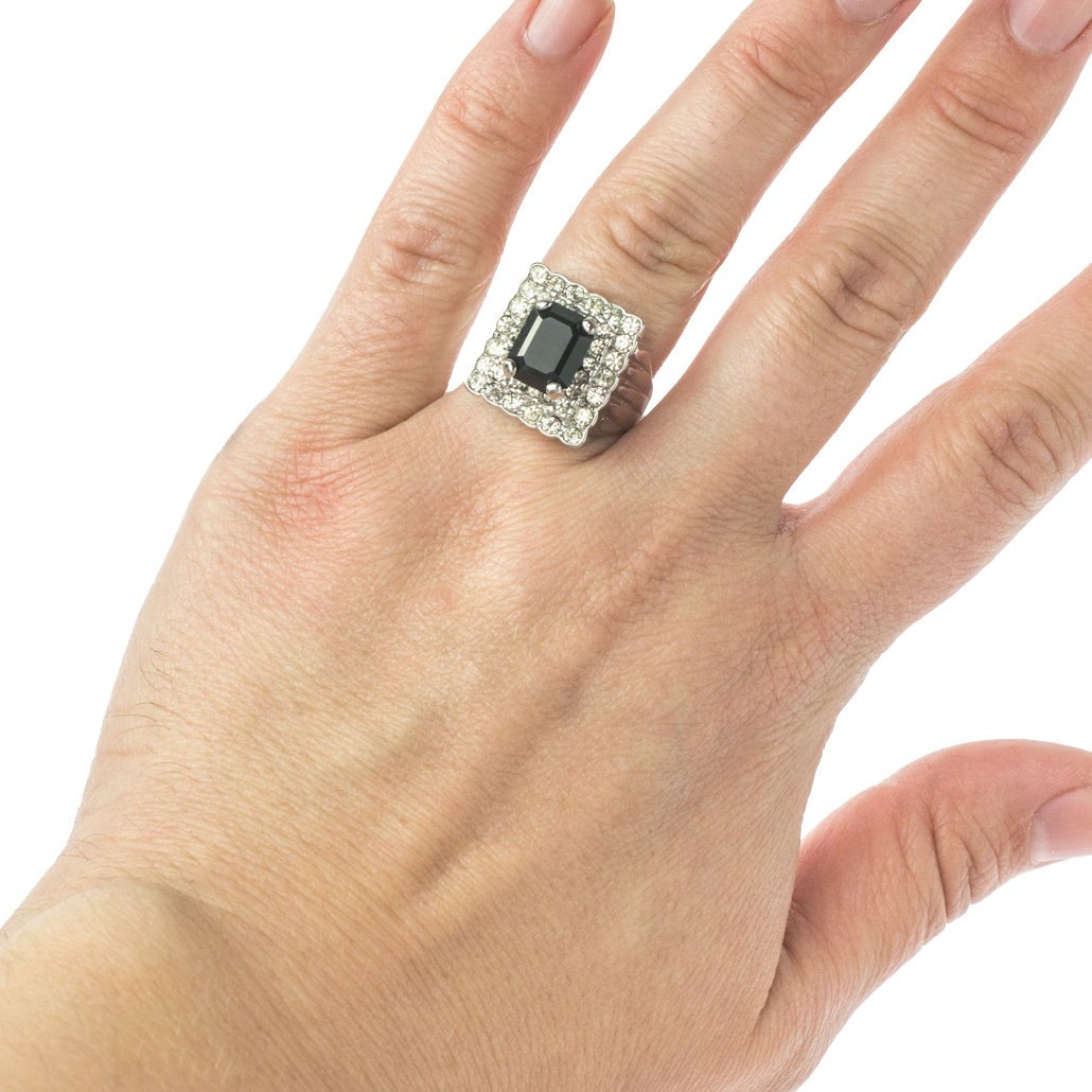 Vintage Black and Clear Austrian Crystal Cocktail Ring 18k White Gold Electroplated Made in USA