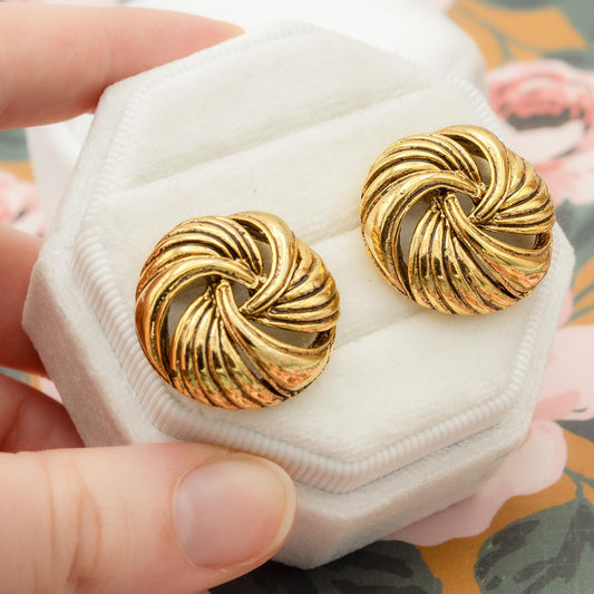 Vintage Oscar de la Renta Womens Button Earrings Gold Plated Pierced Post Statement Swirl Design Antique Designer Jewelry for Women Signed