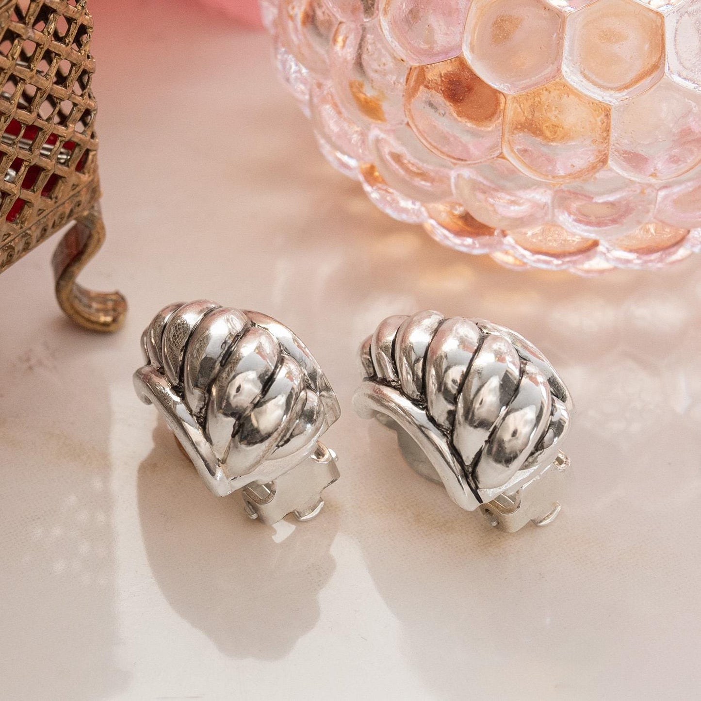 Womens Vintage Oscar de la Renta Clip Earrings Weave Silver Jewelry Hoop Earring Handmade Antique Made in USA Antique Designer Antique