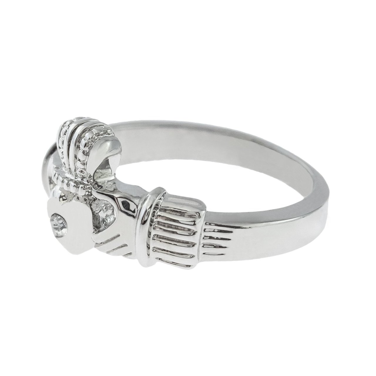 Vintage Jewelry Clear Austrian Crystal Claddagh Ring 18k White Gold Electroplated Made in the USA