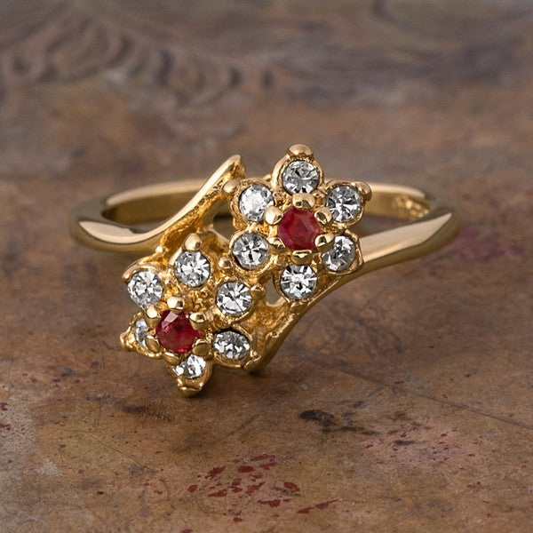 Women's Vintage 1970s Star Flower Cluster Ring set with Genuine Ruby or Austrian Crystals Made in USA
