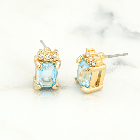 Vintage Aquamarine and Clear Austrian Crystal Earrings Vintage Studs 18k Yellow Gold Electroplated Made in USA E996-AYG