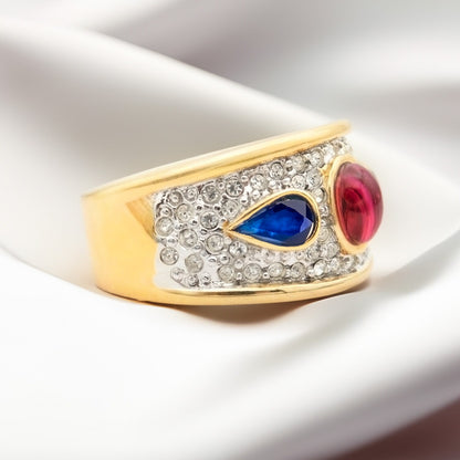 Vintage Ring Multi Colored Austrian Crystals 18k Gold Electroplated 1970s Era
