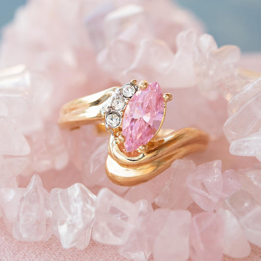 Womens Vintage 18k Gold Electroplated Ring Marquise Pink Tourmaline Cubic Zirconia and Crystal October Birthstone Ring