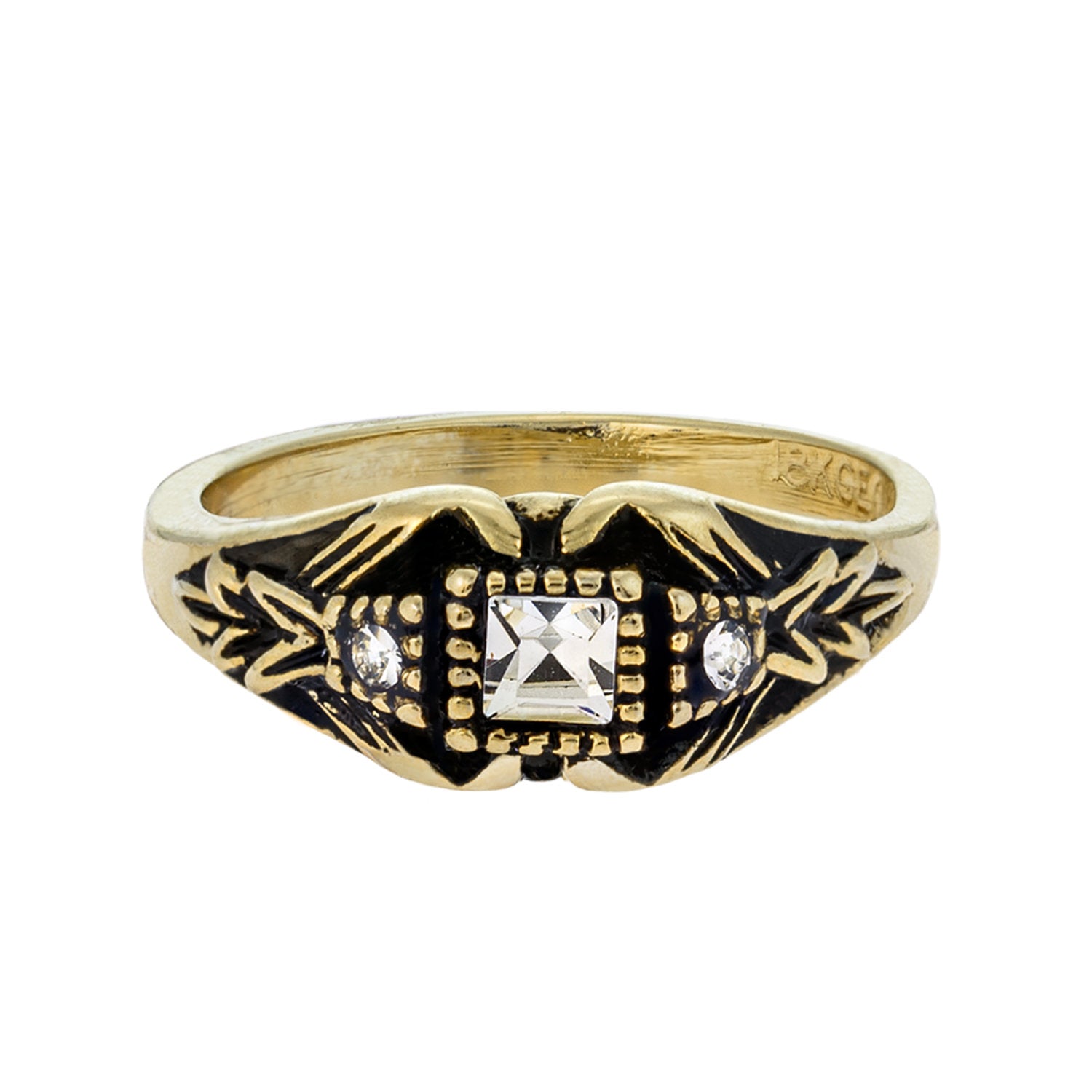 Vintage Ring set with Clear Austrian Crystals Antiqued 18k Yellow Gold Electroplated