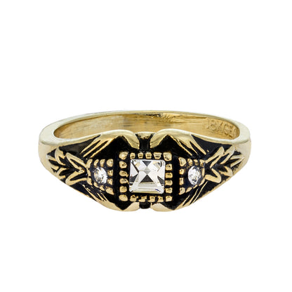 Vintage Ring set with Clear Austrian Crystals Antiqued 18k Yellow Gold Electroplated