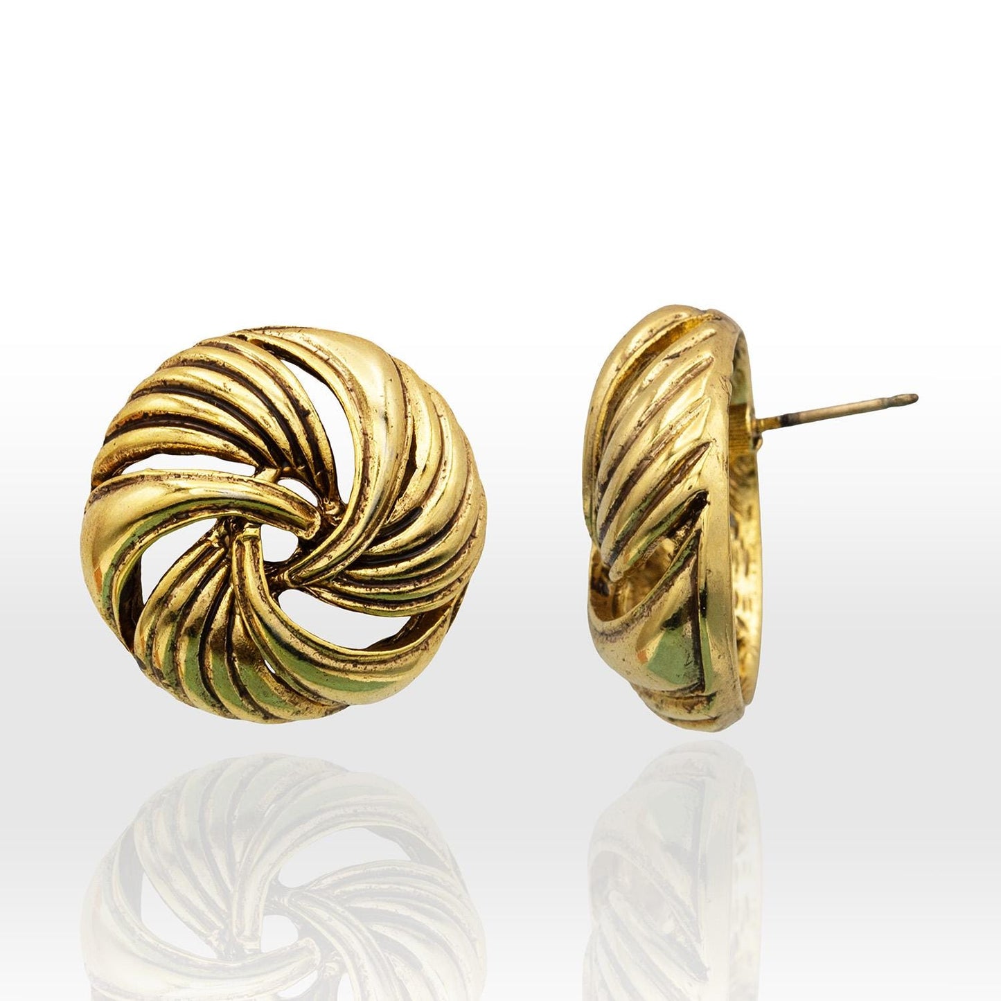 Vintage Oscar de la Renta Womens Button Earrings Gold Plated Pierced Post Statement Swirl Design Antique Designer Jewelry for Women Signed