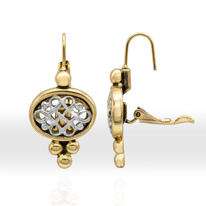 Womens Vintage Oscar De La Renta Dangle Earrings Yellow & White Gold Plated Filigree Lever Backs Women's Jewelry Small Designer Drop Earring