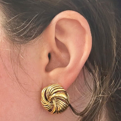 Vintage Oscar de la Renta Womens Button Earrings Gold Plated Pierced Post Statement Swirl Design Antique Designer Jewelry for Women Signed