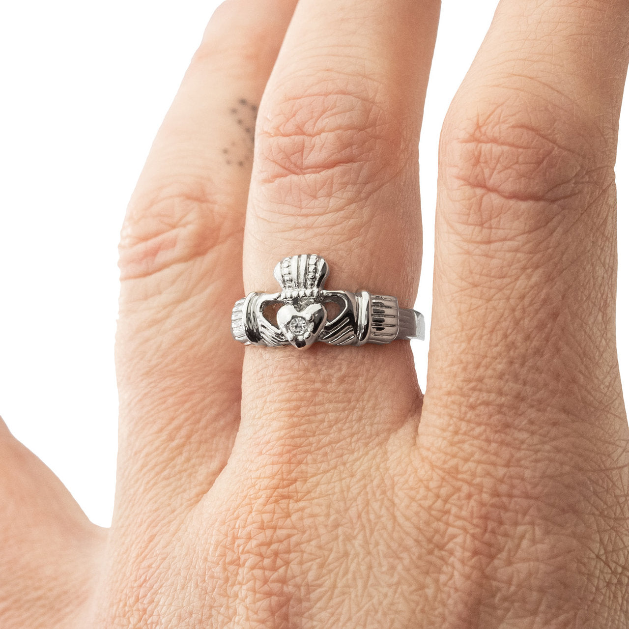 Vintage Jewelry Clear Austrian Crystal Claddagh Ring 18k White Gold Electroplated Made in the USA