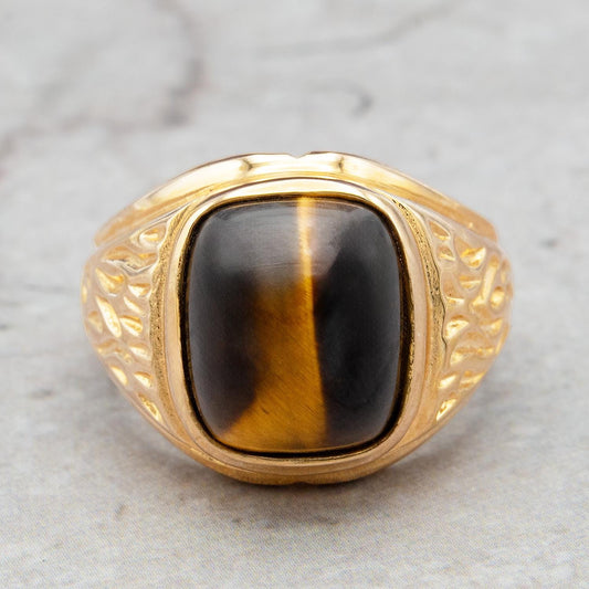 Vintage Ring 1980s Mens Genuine Tiger Eye 18kt Gold Electroplated Ring Unisex Jewelry Gift for Men Dad Husband Father's Day Gift Men's Rings