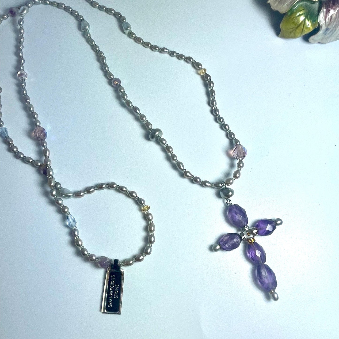 Vintage Oscar De La Renta Genuine Amethyst Cross Pendant 32" Genuine Freshwater Pearl Necklace