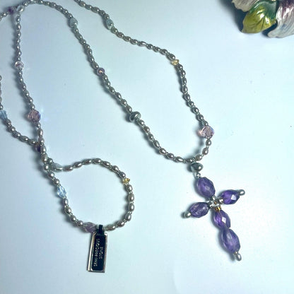 Vintage Oscar De La Renta Genuine Amethyst Cross Pendant 32" Genuine Freshwater Pearl Necklace