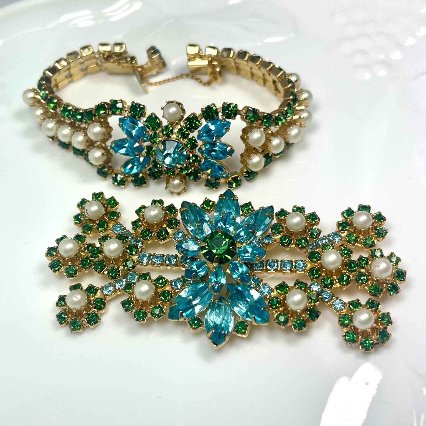 Unique Vintage Bracelet and Pin Brooch Set Pearl Beads and Crystal Stones 1950s Gold Plated Women's Mid Century Jewelry Only ONE