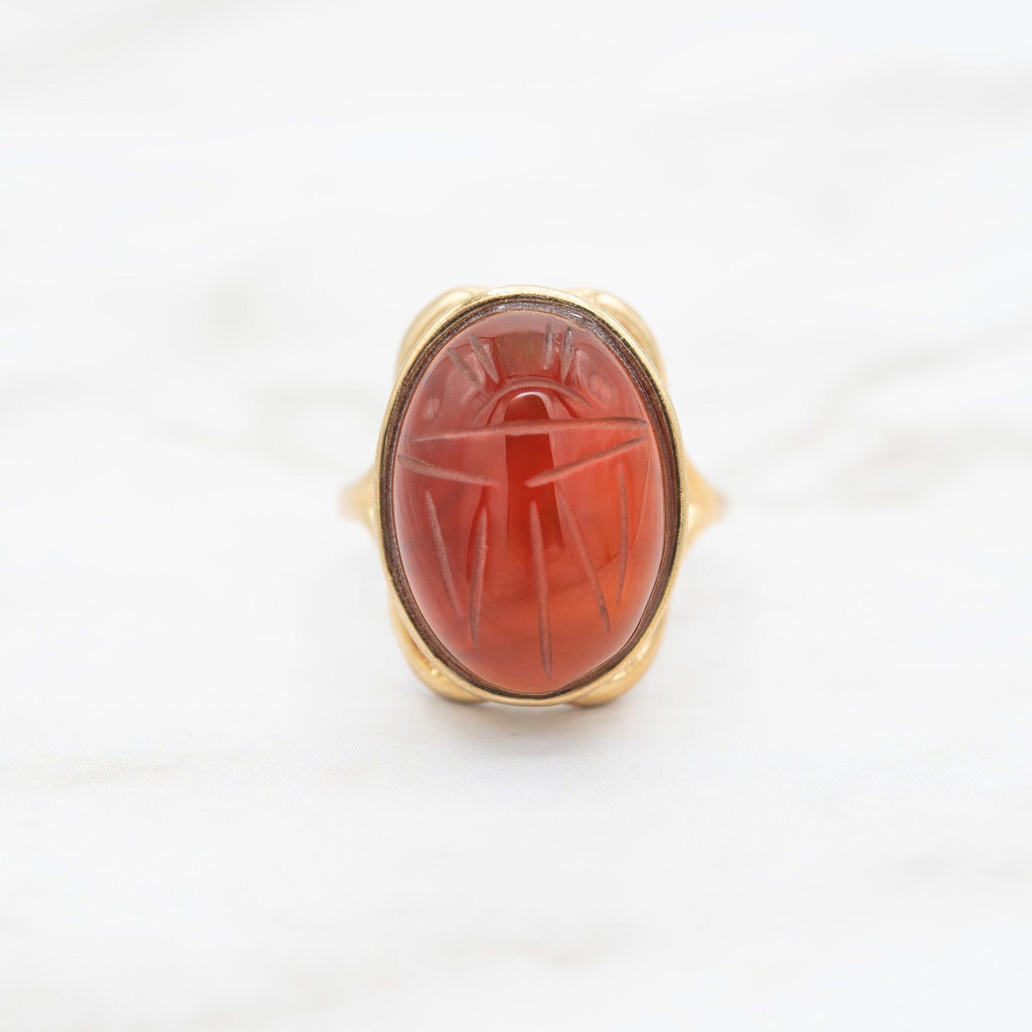 Vintage 1970s Scarab Beetle Genuine Carnelian Stone Yellow Gold Electroplated Ring Made in USA