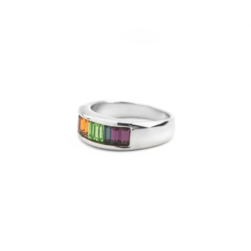 Vintage Ring Multi Colored Rainbow Style Austrian Crystals 18k White Gold Electroplated Made in USA