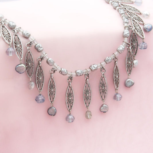 Vintage Oscar De La Renta 16 Inch Genuine Fresh Water Pearl Necklace for Women or Bride. Antique Silver Tone Jewelry for Women Girl Glass