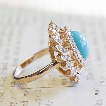 Vintage Turquoise Bead with Clear Austrian Crystals 18k Yellow Gold Electroplated Ring Made in USA