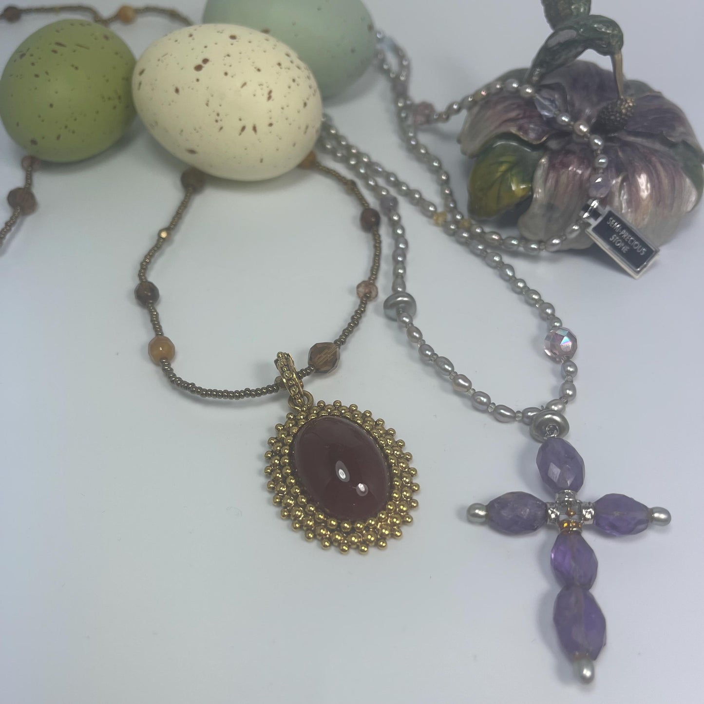 Vintage Oscar De La Renta Genuine Amethyst Cross Pendant 32" Genuine Freshwater Pearl Necklace