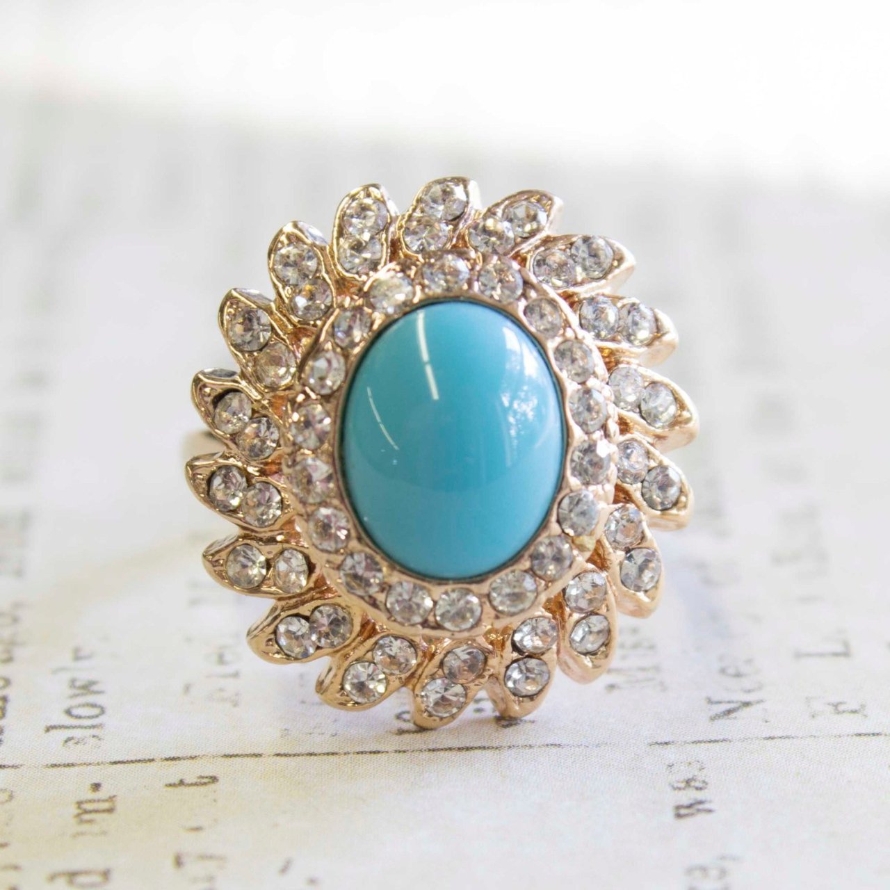 Vintage Turquoise Bead with Clear Austrian Crystals 18k Yellow Gold Electroplated Ring Made in USA