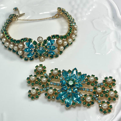 Unique Vintage Bracelet and Pin Brooch Set Pearl Beads and Crystal Stones 1950s Gold Plated Women's Mid Century Jewelry Only ONE