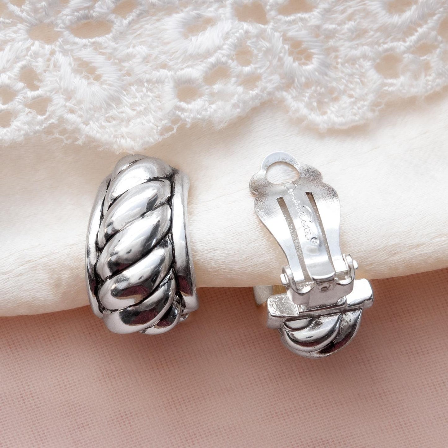 Womens Vintage Oscar de la Renta Clip Earrings Weave Silver Jewelry Hoop Earring Handmade Antique Made in USA Antique Designer Antique