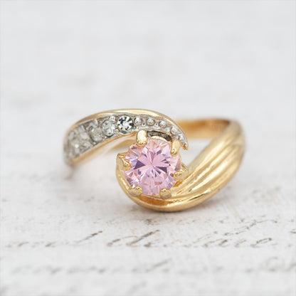 Vintage 18k Gold Electroplated Ring Pink Tourmaline Cubic Zirconia and Crystals Antique Woman Rings October Birhtstone