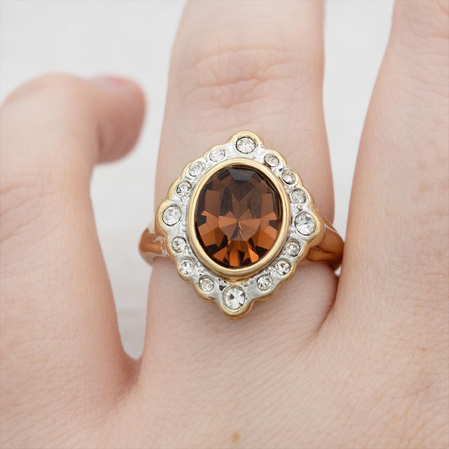 18k Gold Electroplated Smoke Topaz Crystal Girls November Birthstone Ring Vintage Victorian Design with Austrian Crystals