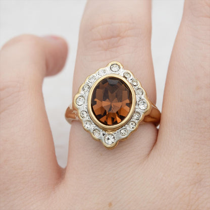 18k Gold Electroplated Smoke Topaz Crystal Girls November Birthstone Ring Vintage Victorian Design with Austrian Crystals