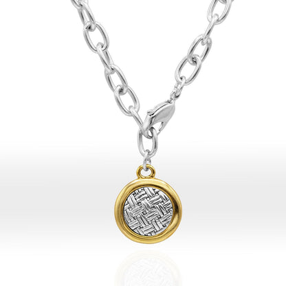 Vintage Oscar De La Renta Gold and Silver 16" Inch Pendant Reversable Necklace Basket Weave Designer Oscar Logo for Women Girls Necklaces