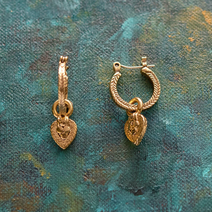 Vintage Oscar De La Renta Antiqued Gold Tone Textured Hoops with Removable Dangling Heart Charms Earrings #OSE-22102-PY
