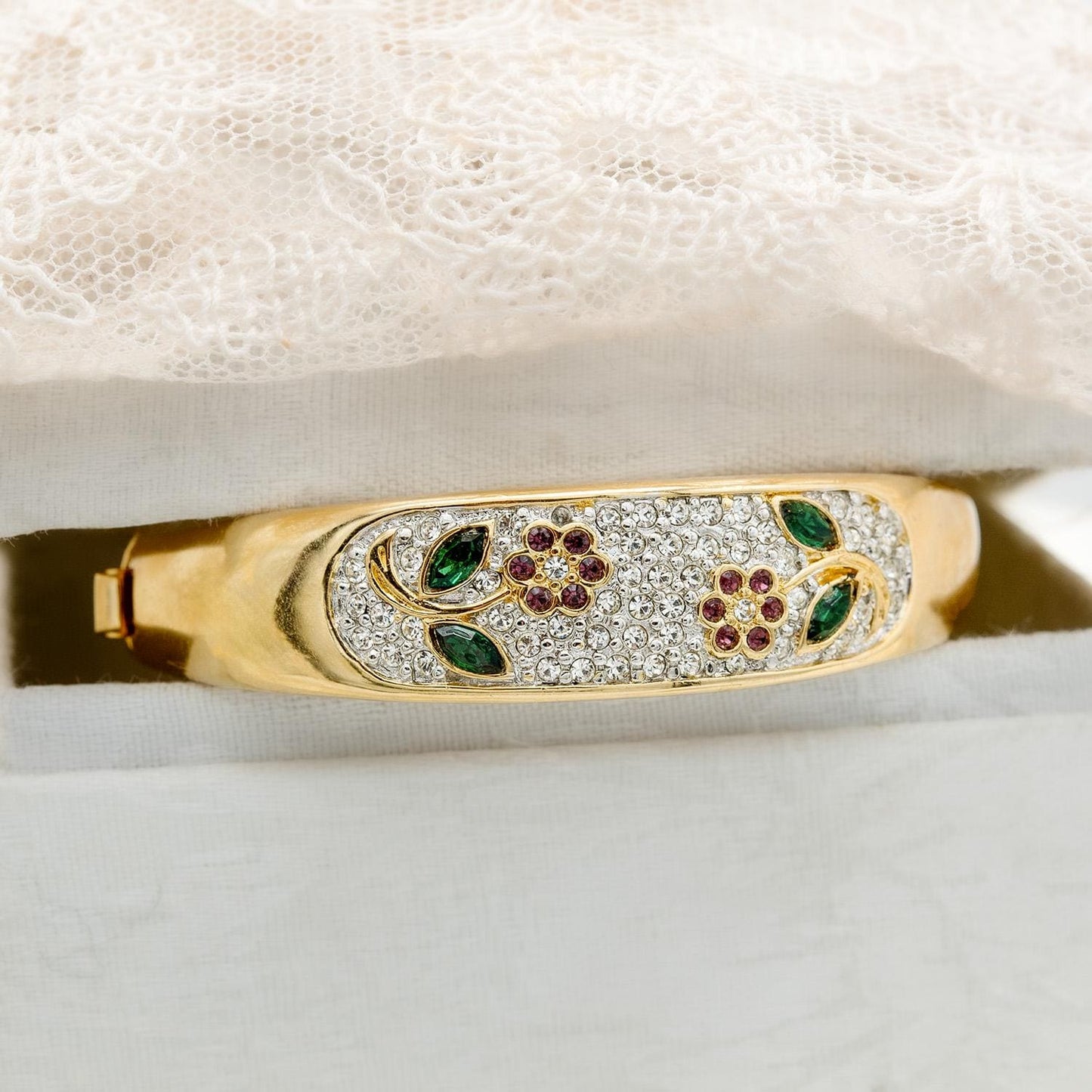 Vintage Womens Gold Plated Crystal Flower Design Bangle Bracelet Antique Estate Handmade Jewelry for Girls Layering Bracelets