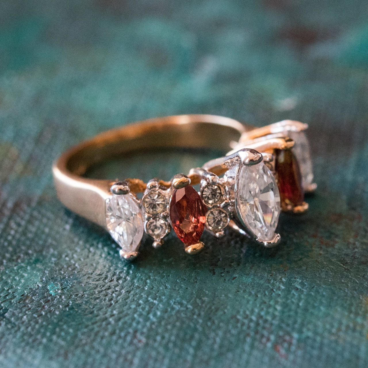 Vintage Genuine Garnet and Clear Cubic Zirconia Cocktail Ring 18k Yellow Gold Electroplated