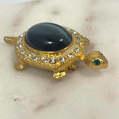 Hand Crafted Turtle Pin Genuine Gray Cat's Eye Surrounded by Clear Austrian Crystals and Emerald Crystal Eyes Antique Brooch for Women