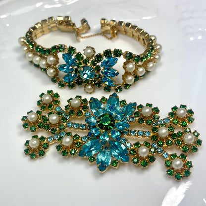 Unique Vintage Bracelet and Pin Brooch Set Pearl Beads and Crystal Stones 1950s Gold Plated Women's Mid Century Jewelry Only ONE